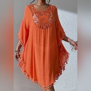 Beach Cover-up Dress Crochet Cutout Neck Tassel Trim Orange OS Swim Beach Resort